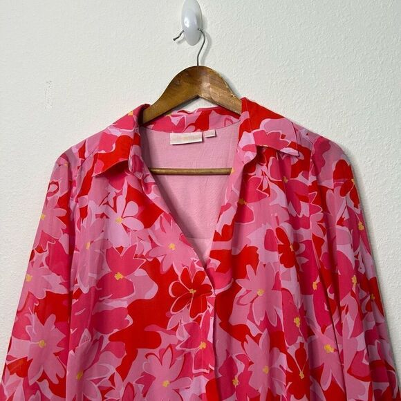 Belle By Kim Gravel Red Pink Abstract Floral Printed V-Neck Blouse Women's Large - Picture 2 of 14
